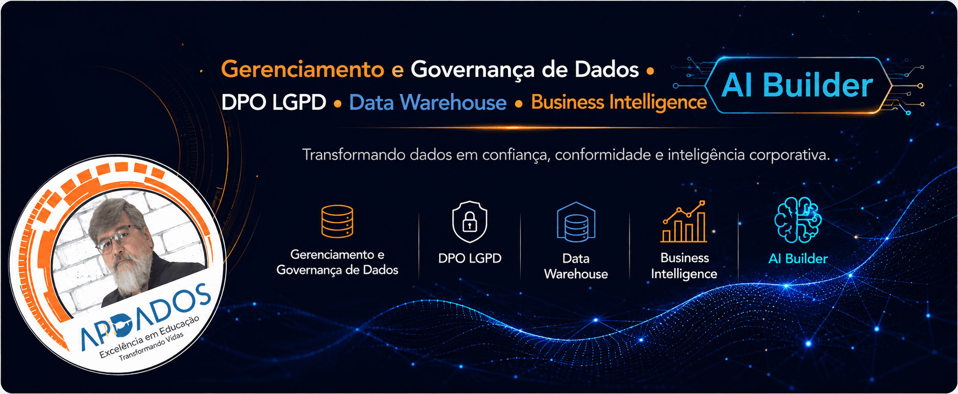 Banner com o posicionamento profissional de Carlos "Lito" Lorenzi: Gerenciamento e Governança de Dados • DPO LGPD • Data Warehouse • Business Intelligence e o selo AI Builder.